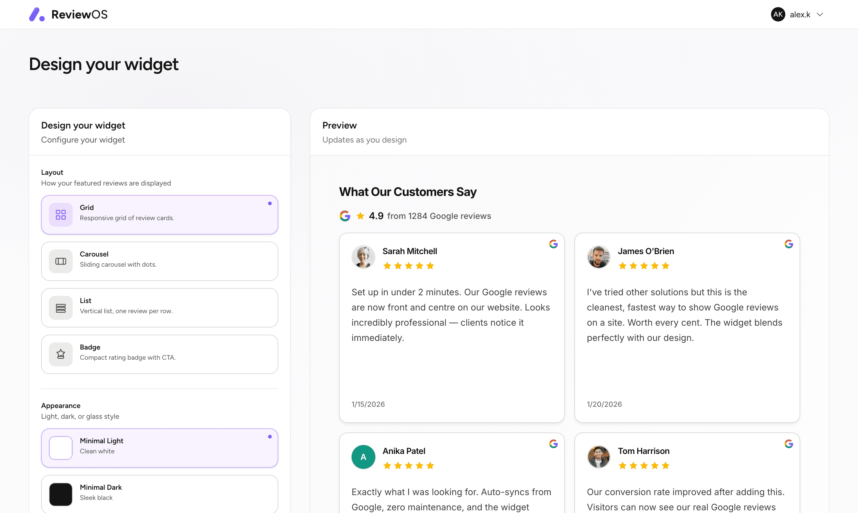 ReviewOS widget designer showing live Google reviews widget preview